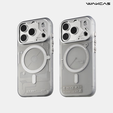 WAKCAS Industrial Minimalist MagSafe iPhone Case | Translucent Frost Gray with Metal Lens Frame