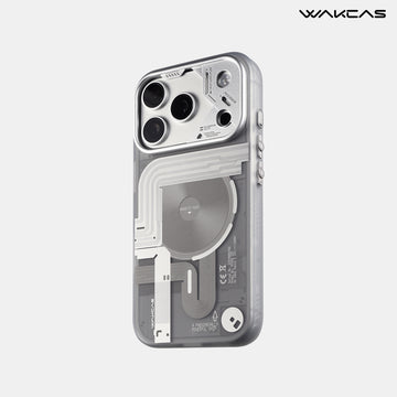 WAKCAS Tech-Core MagSafe iPhone Case | Exposed Mechanical Design with Silver Metal Lens Frame