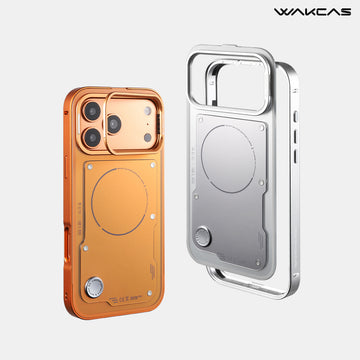 WAKCAS Detachable Metal iPhone Case | Silver & Orange with Built-in Stand