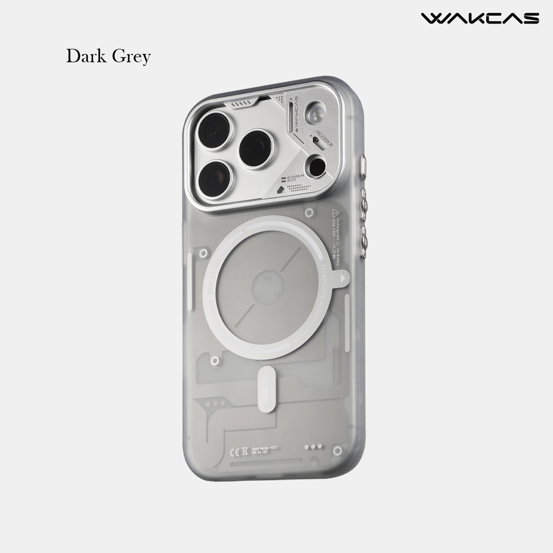 WAKCAS Industrial Minimalist MagSafe iPhone Case | Translucent Frost Gray with Metal Lens Frame