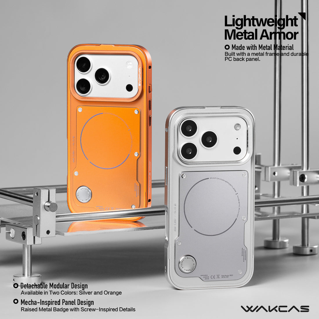 WAKCAS Detachable Metal iPhone Case | Silver & Orange with Built-in Stand