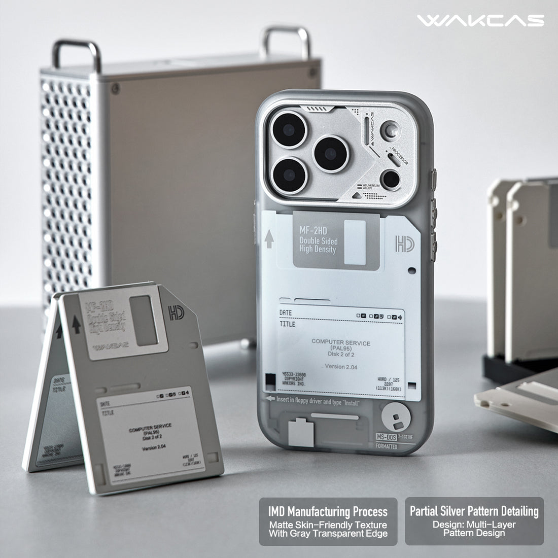 WAKCAS Retro Geek Floppy Disk MagSafe iPhone Case | Silver Metal Lens Guard with Circuit Details
