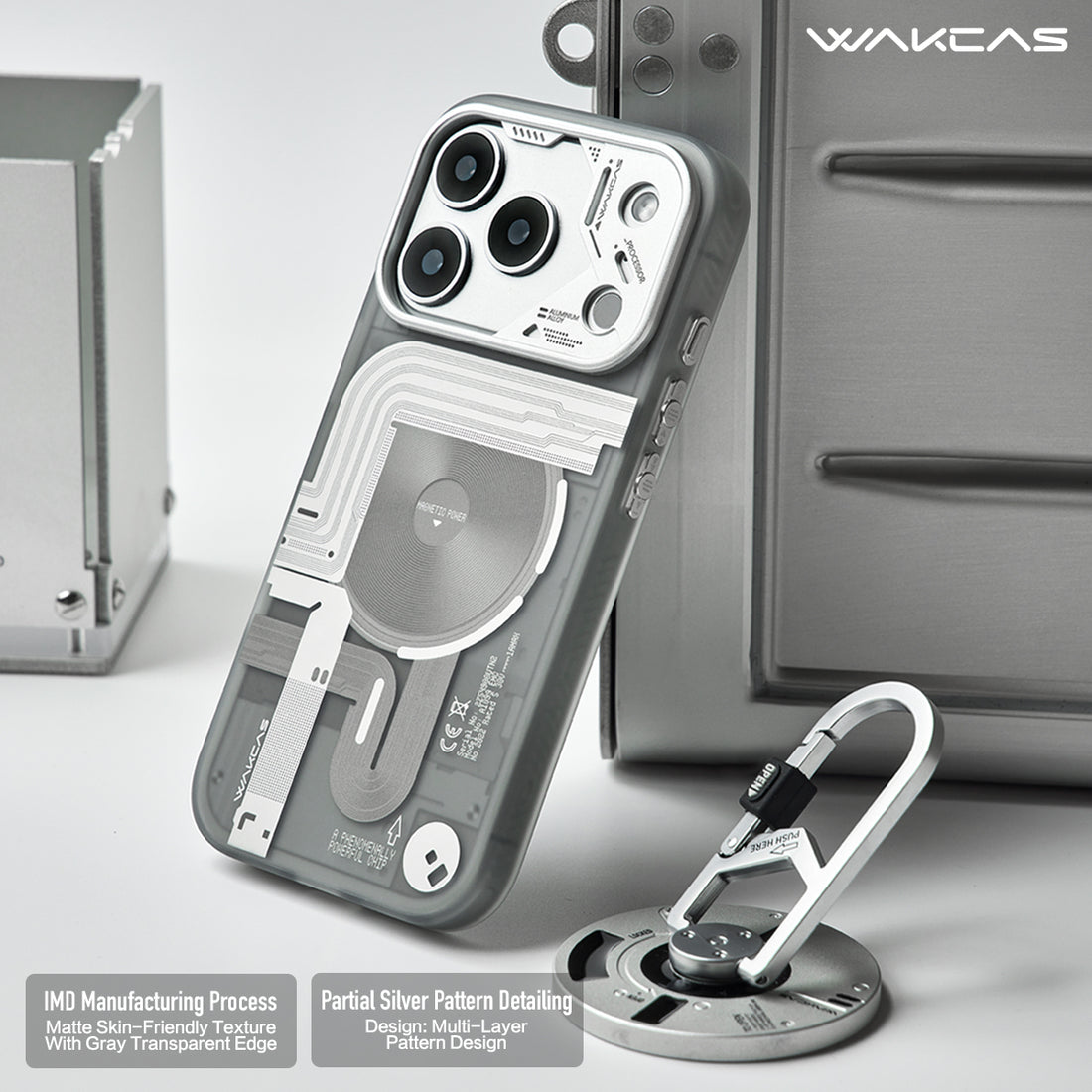 WAKCAS Tech-Core MagSafe iPhone Case | Exposed Mechanical Design with Silver Metal Lens Frame